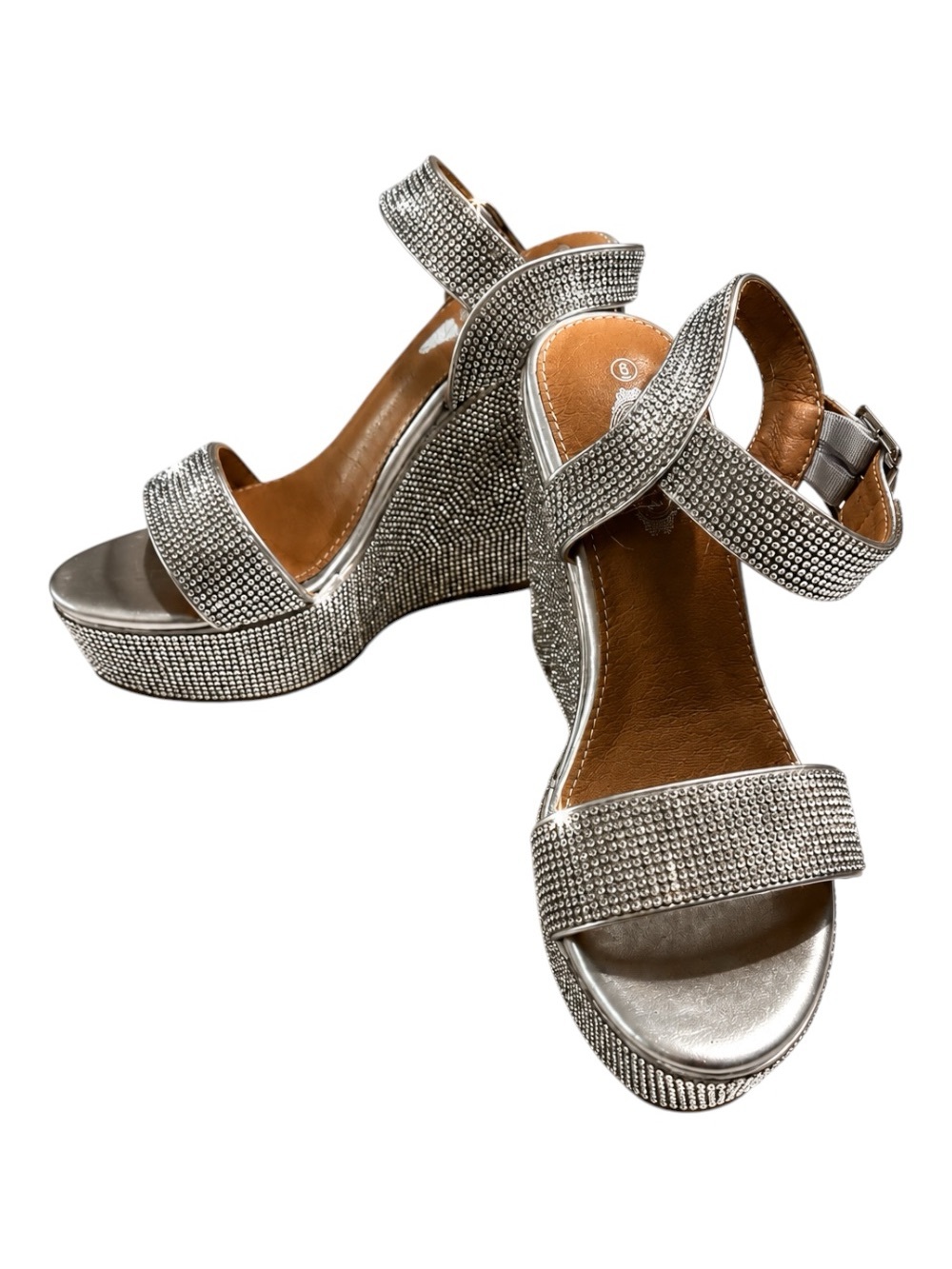 : Silver Rhinestone Sparkle Platform Wedge Sandals Size 6